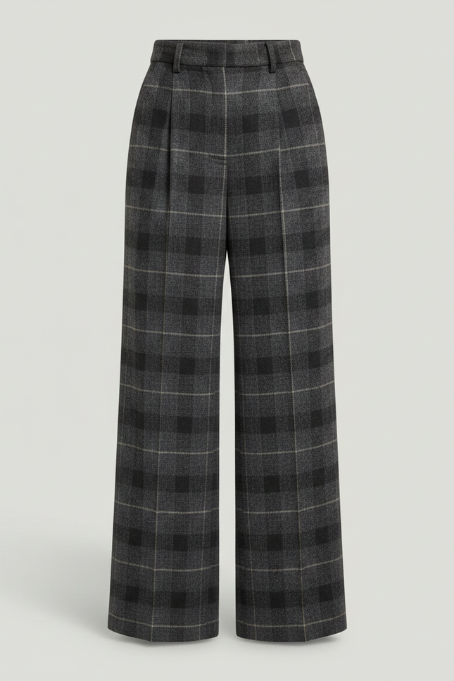 Pantalon Jupe Carreaux Laine Ample Évasé Élégant Femme - Gris - vue 3