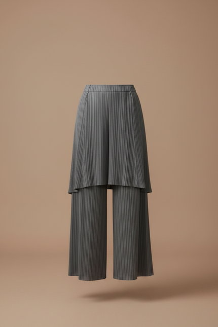 Pantalon Jupe Plissé Gris Ample Superposé Élégant - Polyester - vue 3