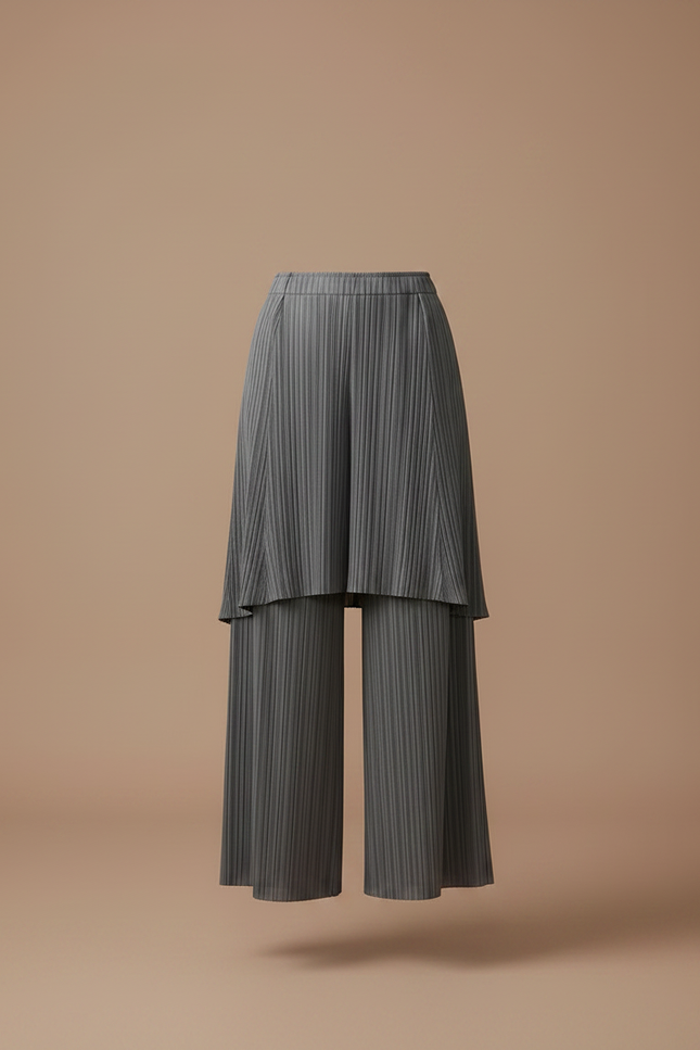Pantalon Jupe Plissé Gris Ample Superposé Élégant - Polyester - vue 3