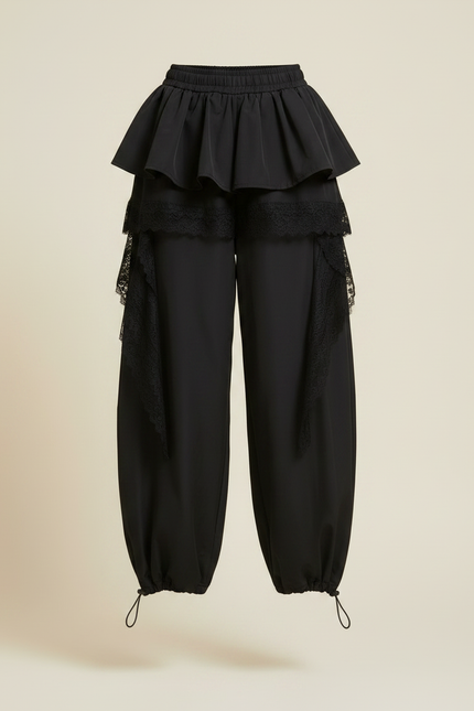 Pantalon Jupe Noir Ample Dentelle Volants Gothique - Polyester - vue 3