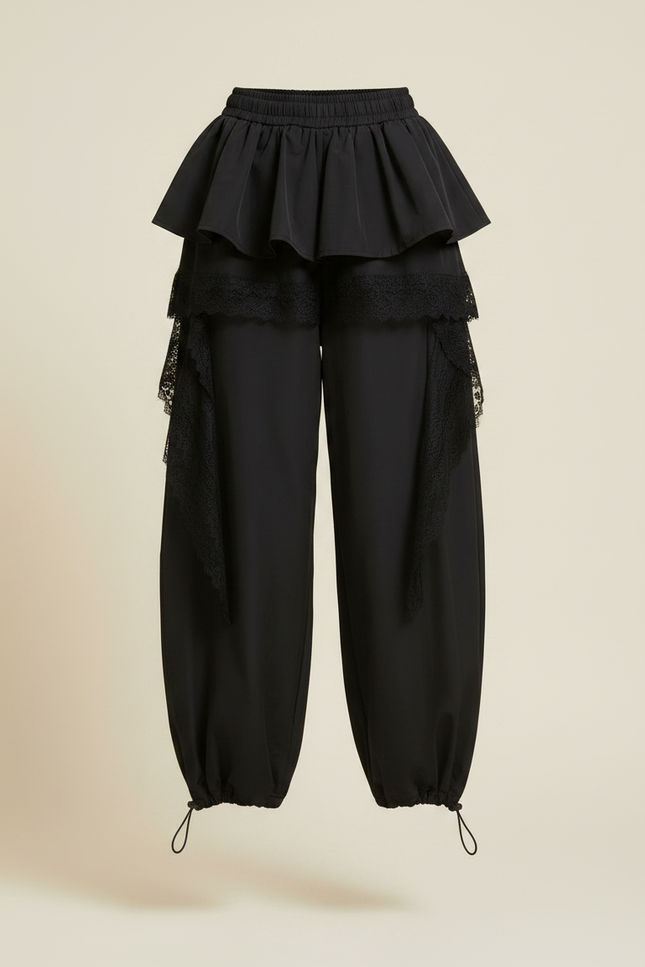 Pantalon Jupe Noir Ample Dentelle Volants Gothique - Polyester - vue 3