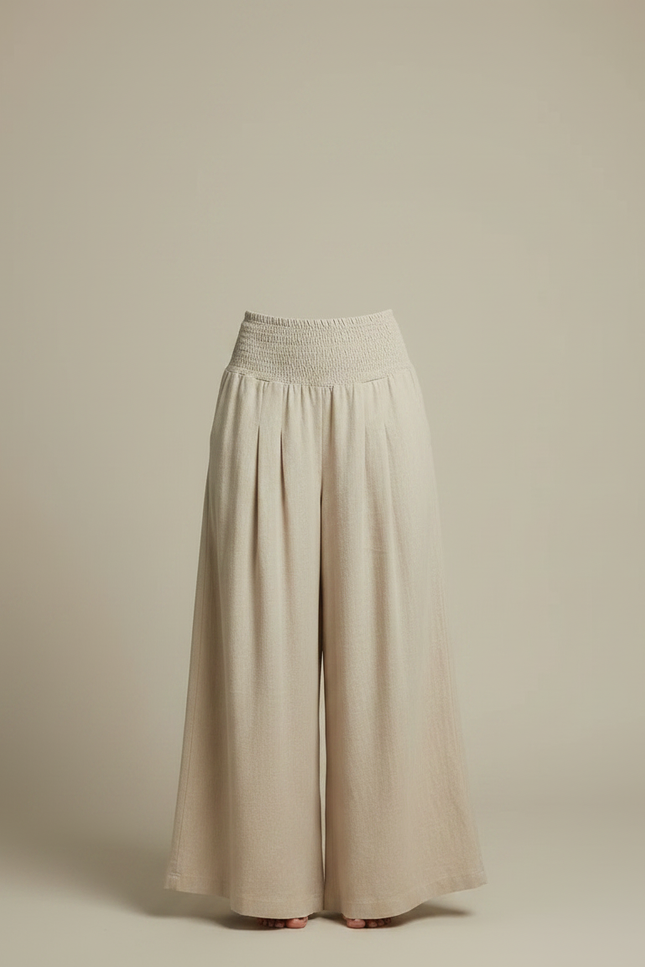 Pantalon Jupe Beige Lin Ample Smocké Décontracté - vue 3