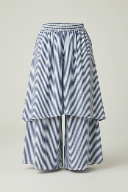 Pantalon Jupe Rayé Bleu Ample Superposé Coton Fluide - vue 3