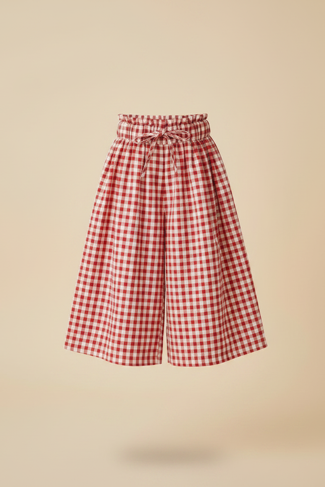 Pantalon Jupe Carreaux Rouge Ample Coton Fille - vue 3