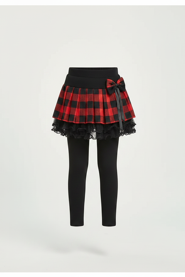 Pantalon Jupe Carreaux Rouge Noir Plissé Chaud Fille - Molleton - vue 3