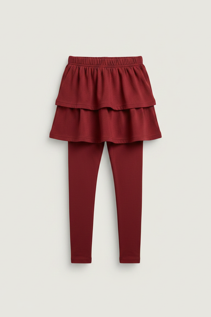 Pantalon Jupe Rouge Superposé Volants Coton Confortable Fille - Bordeaux Molleton - vue 3