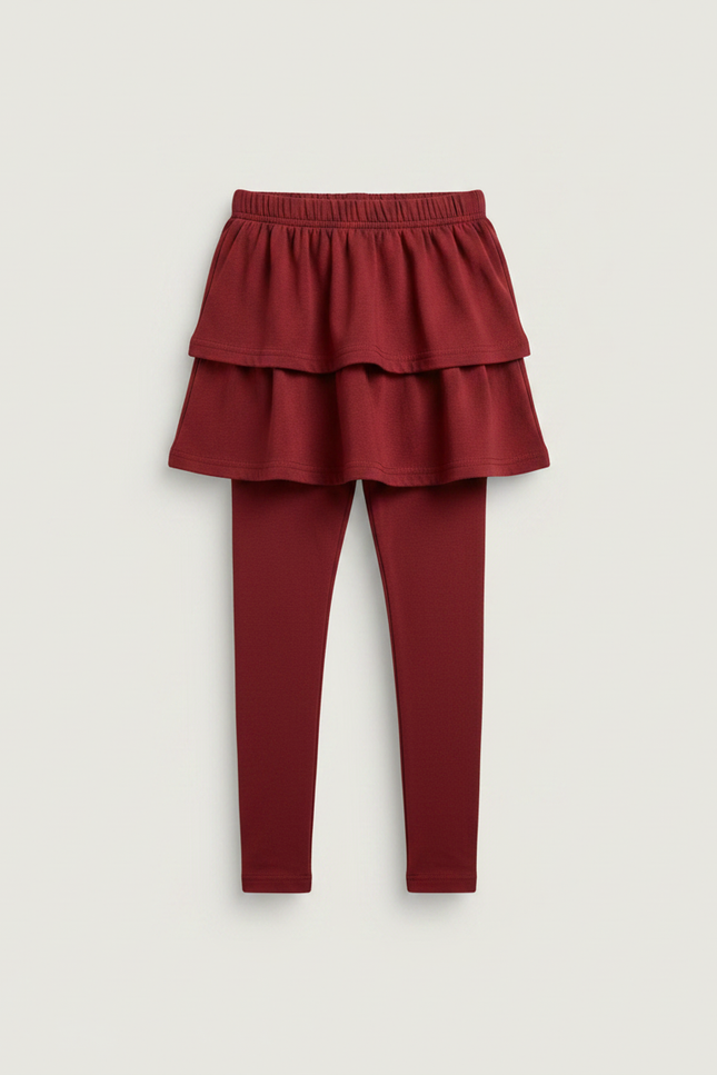 Pantalon Jupe Rouge Superposé Volants Coton Confortable Fille - Bordeaux Molleton - vue 3