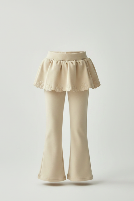 Pantalon Jupe Évasé Crème Fleurs Brodé Fille - Beige Molleton - vue 3