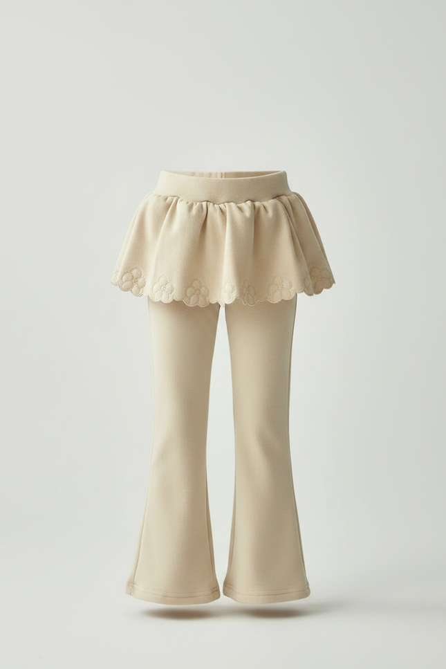 Pantalon Jupe Évasé Crème Fleurs Brodé Fille - Beige Molleton - vue 3
