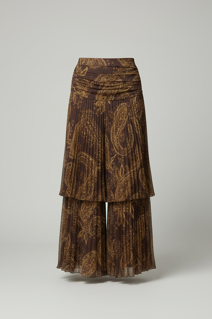 Pantalon Jupe Plissée Longue Imprimée Fluide Marron - Polyester - vue 3