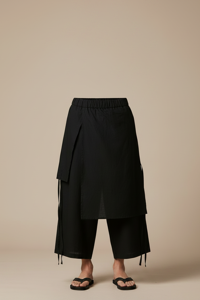 Pantalon Jupe Noir Ample Lin Coton Irrégulier - vue 3