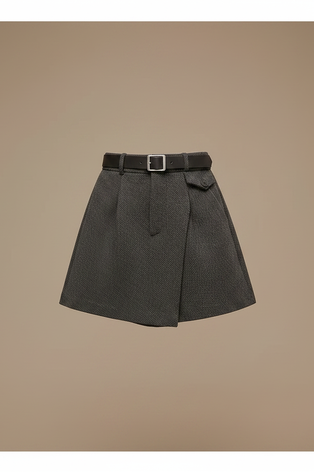 Pantalon Jupe Laine Grise Asymétrique Ceinturée Élégante - vue 3
