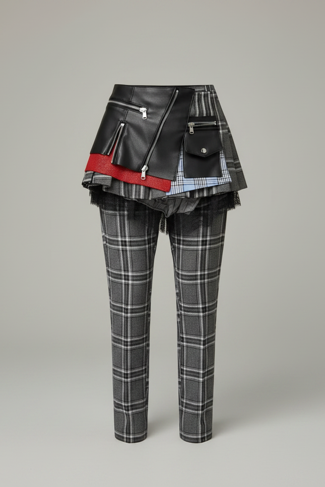 Pantalon Jupe Cuir Plaid Asymétrique Dentelle Zippée - Multicolore - vue 3