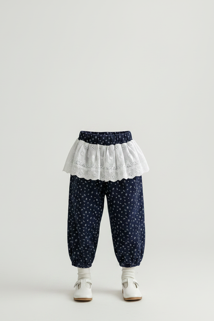 Pantalon Jupe Bleu Marine Floral Ample Enfant - Cordé - vue 3