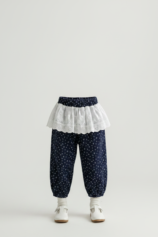 Pantalon Jupe Bleu Marine Floral Ample Enfant - Cordé - vue 3