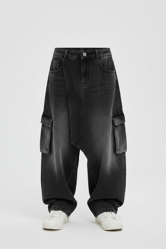 Pantalon Jupe Denim Noir Ample Cargo Enfant - Jean - vue 3