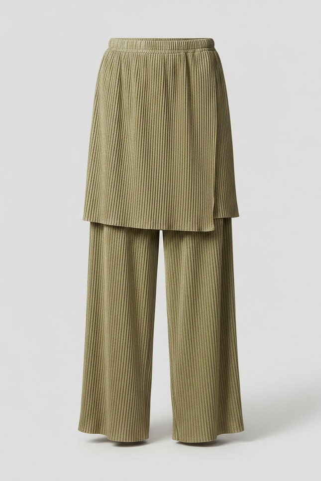 Pantalon Jupe Plissé Vert Olive Ample Drapé Élégant - Maille - vue 3