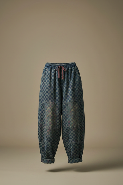 Pantalon Jupe Denim Ample Carreaux Vintage Décontracté - Bleu Jean - vue 3