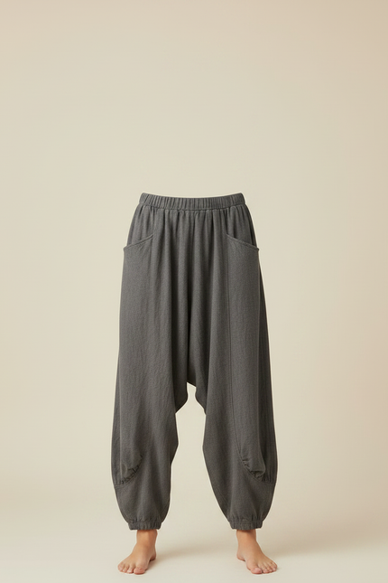 Pantalon Jupe Gris Ample Coton Lin Décontracté - vue 3