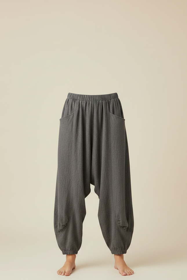 Pantalon Jupe Gris Ample Coton Lin Décontracté - vue 3