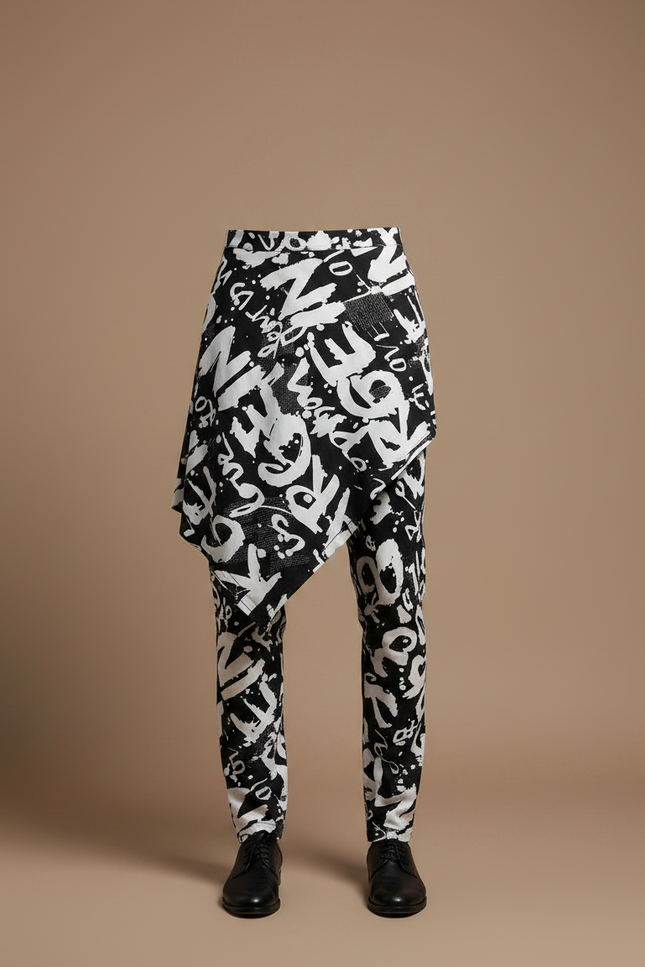 Pantalon Jupe Noir Blanc Asymétrique Imprimé Graphique - Polyester - vue 3