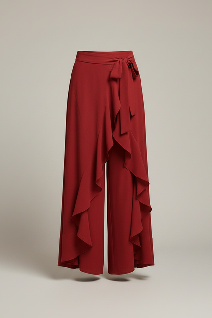 Pantalon Jupe Rouge Fluide Volants Ceinturé Élégant - Bordeaux Viscose - vue 3