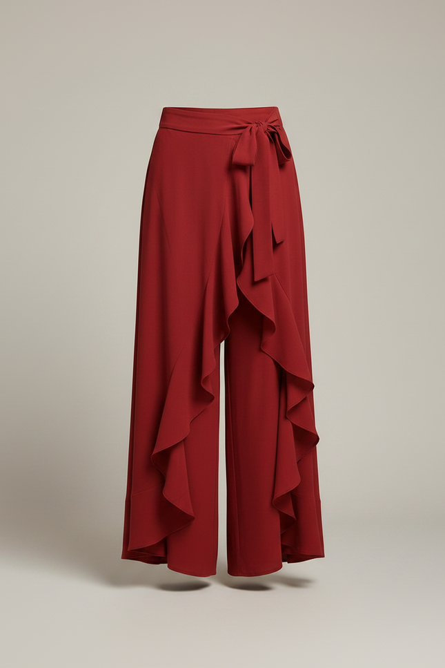 Pantalon Jupe Rouge Fluide Volants Ceinturé Élégant - Bordeaux Viscose - vue 3