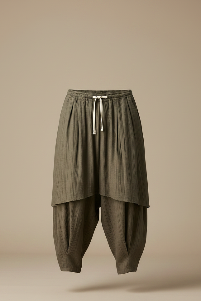 Pantalon Jupe Ample Vert Plissé Coton Homme - Kaki - vue 3