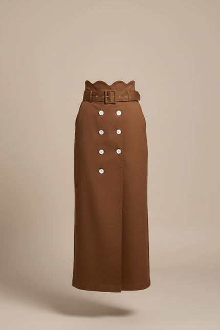 Pantalon Jupe Marron Boutons Ceinture Longue Élégante - Gabardine - vue 3