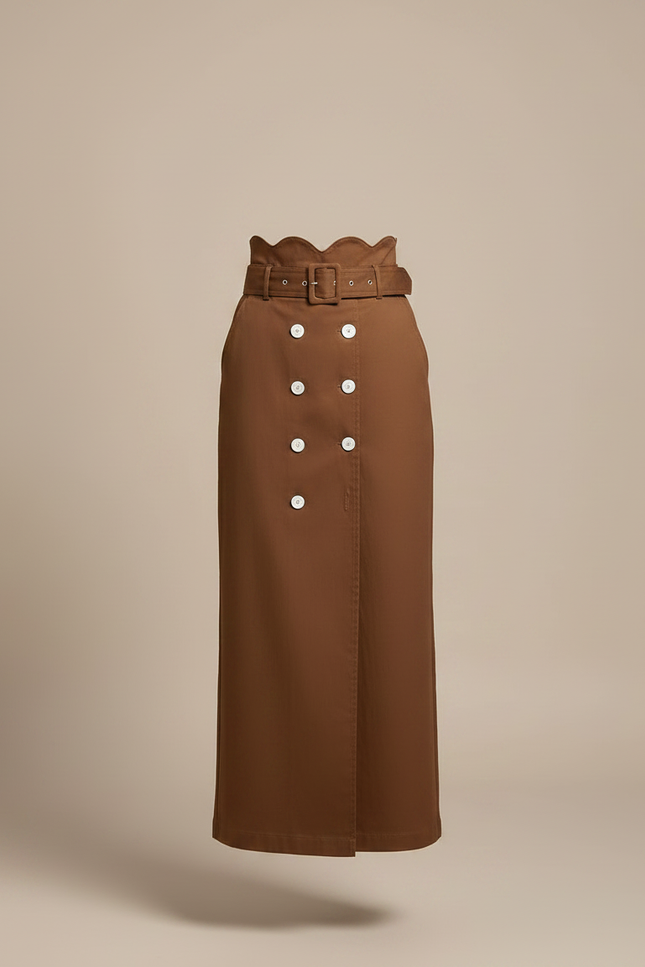 Pantalon Jupe Marron Boutons Ceinture Longue Élégante - Gabardine - vue 3