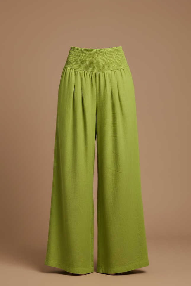 Pantalon Jupe Vert Citron Ample Fluide Smocké Décontracté - Lin - vue 3