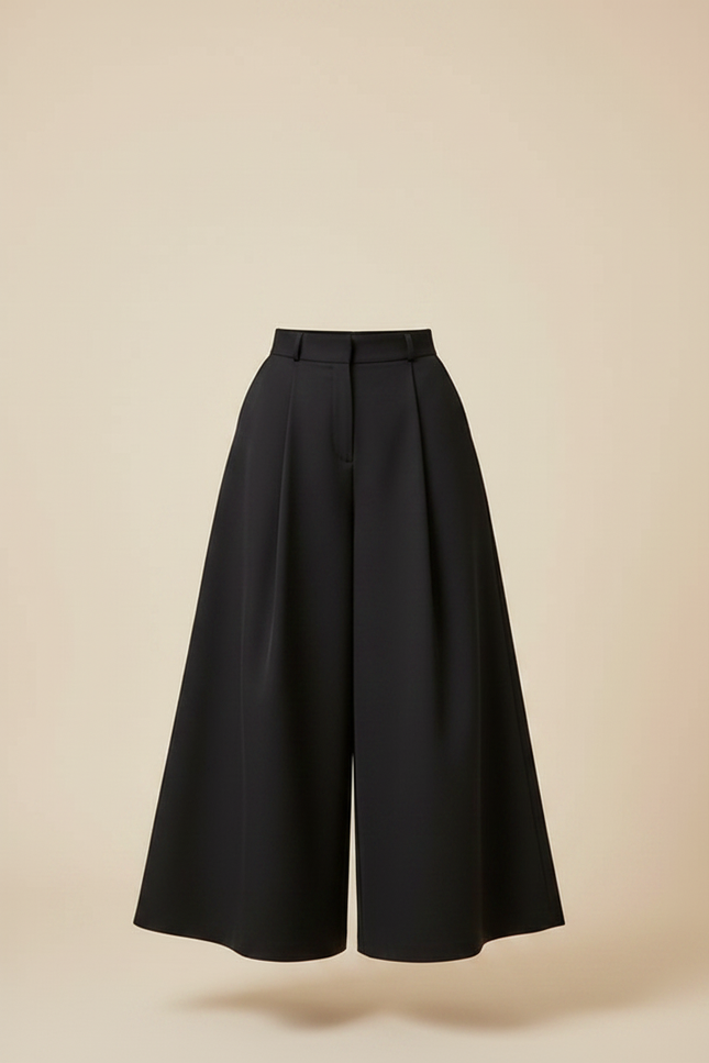 Pantalon Jupe Noir Ample Fluide Élégant Ceinturé - Polyester - vue 3