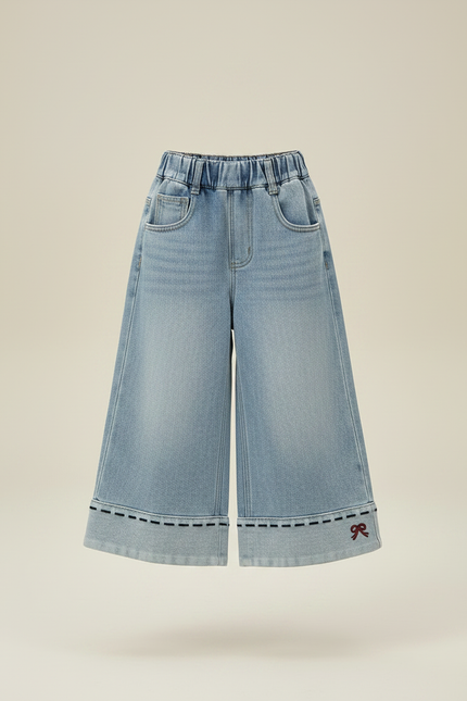 Pantalon Jupe Denim Ample Élastique Brodé Fille - Bleu Jean - vue 3