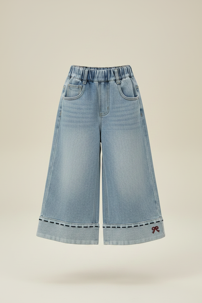 Pantalon Jupe Denim Ample Élastique Brodé Fille - Bleu Jean - vue 3