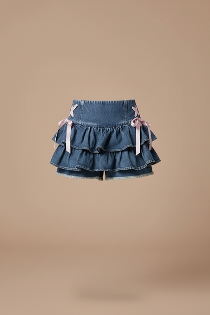 Pantalon Jupe Denim Volants Rubans Rose Fille - Bleu Jean - vue 3