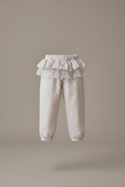 Pantalon Jupe Vichy Volants Tulle Fille - Beige Coton - vue 3