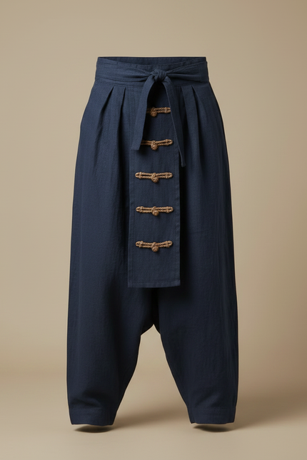 Pantalon Jupe Homme Bleu Marine Ample Lin Plissé - vue 3