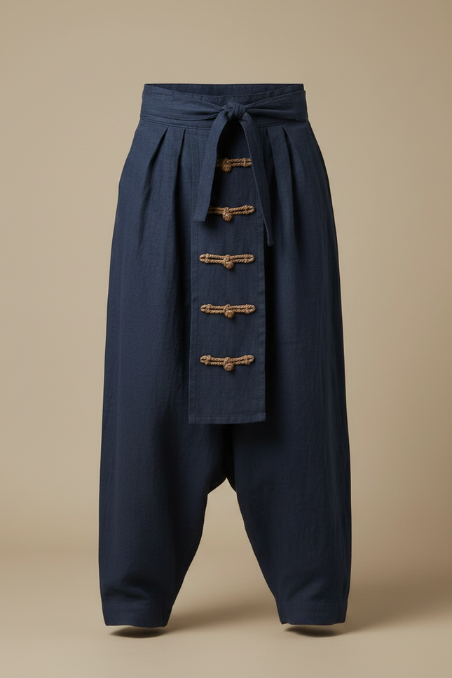 Pantalon Jupe Homme Bleu Marine Ample Lin Plissé - vue 3