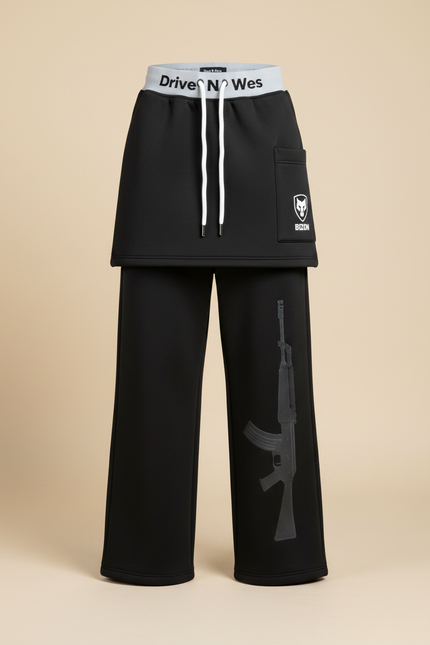 Pantalon Jupe Noir Ample Imprimé Superposé Décontracté - Molleton - vue 3