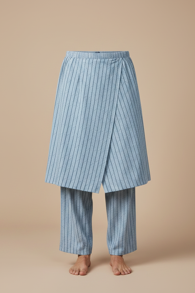 Pantalon Jupe Bleu Rayé Ample Décontracté Coton - vue 3