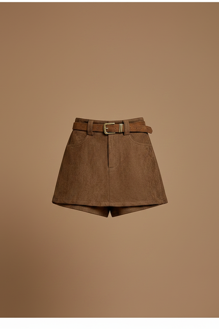 Pantalon Jupe Marron Suédine Ceinturé Vintage Élégant - Simili cuir - vue 3