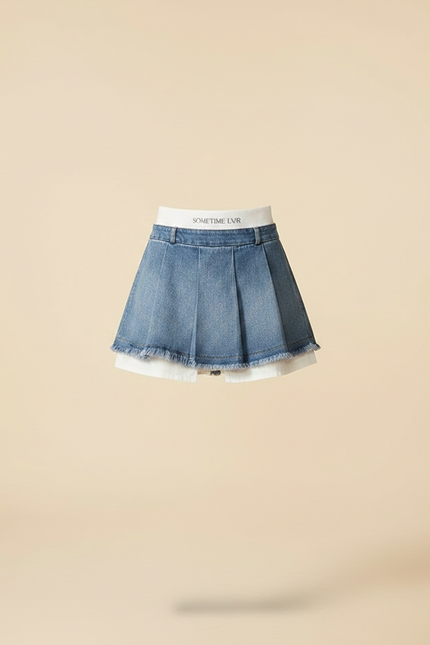 Pantalon Jupe Denim Plissé Effiloché Superposé Femme - Bleu Jean - vue 3