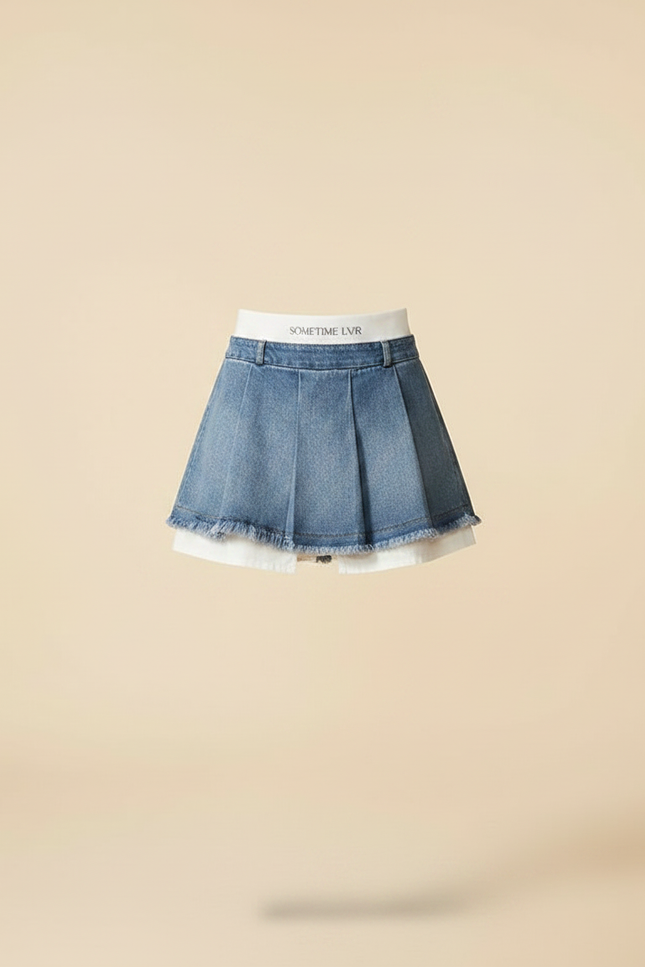 Pantalon Jupe Denim Plissé Effiloché Superposé Femme - Bleu Jean - vue 3