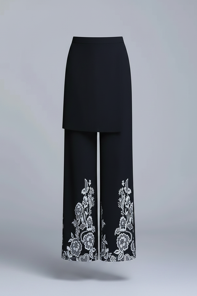Pantalon Jupe Noir Brodé Ample Élégant - Polyester - vue 3