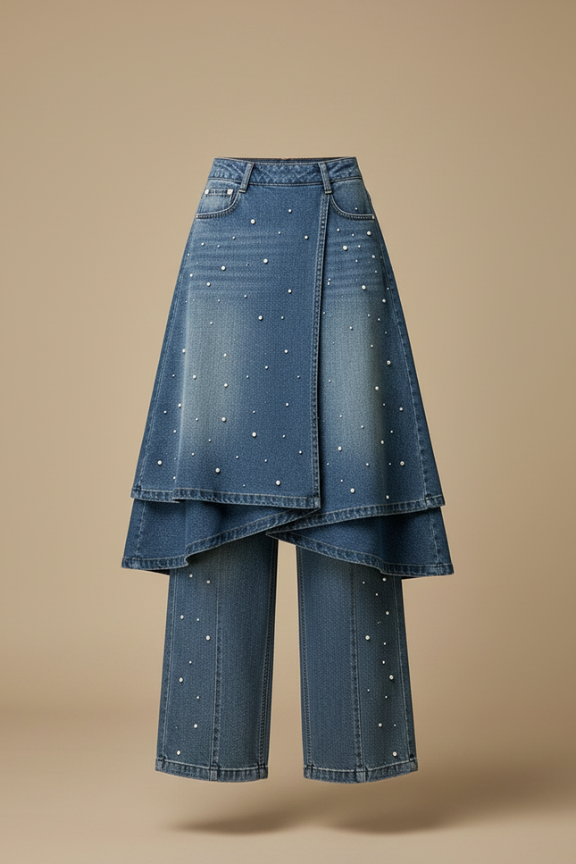Pantalon Jupe Jean Bleu Perles Superposé Ample - vue 3