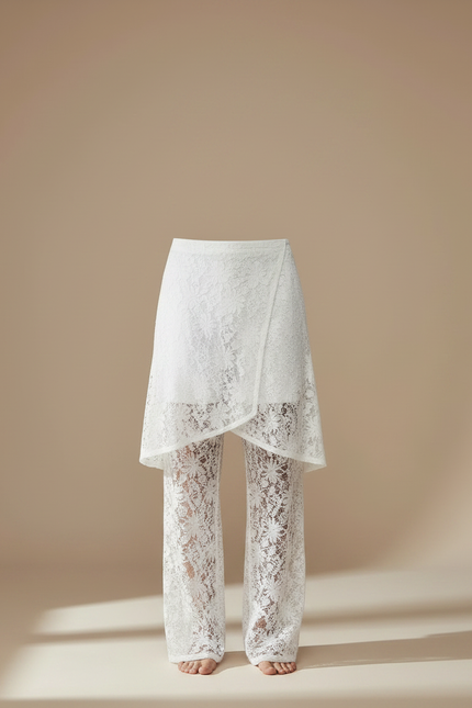 Pantalon Jupe Blanc Dentelle Transparent Superposé Élégant - Maille - vue 3