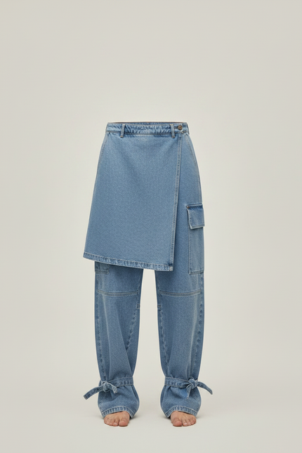 Pantalon Jupe Jean Bleu Cargo Ample Déstructuré - vue 3