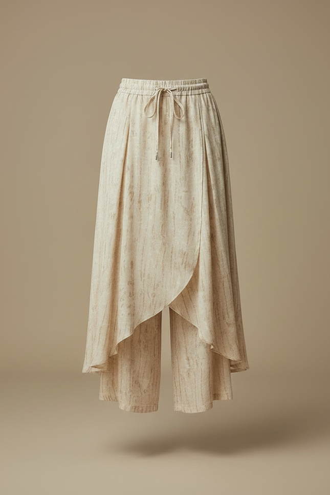 Pantalon Jupe Beige Lin Coton Fluide Superposé Décontracté - vue 3