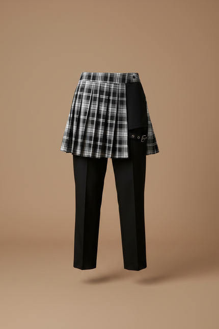 Pantalon Jupe Plaid Asymétrique Noir Blanc Plissé Gothique - Imprimé Polyester - vue 3