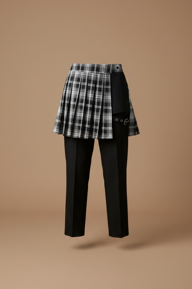 Pantalon Jupe Plaid Asymétrique Noir Blanc Plissé Gothique - Imprimé Polyester - vue 3